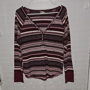 Striped V-Neck Long Sleeve Top - Burgundy and Pink
